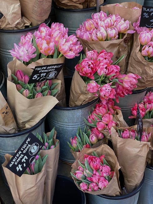 A display of fresh pink tulips arranged in brown paper wraps, placed inside silver metal buckets at a flower shop. The tulips vary in shades of pink, some with closed buds and others partially open, s