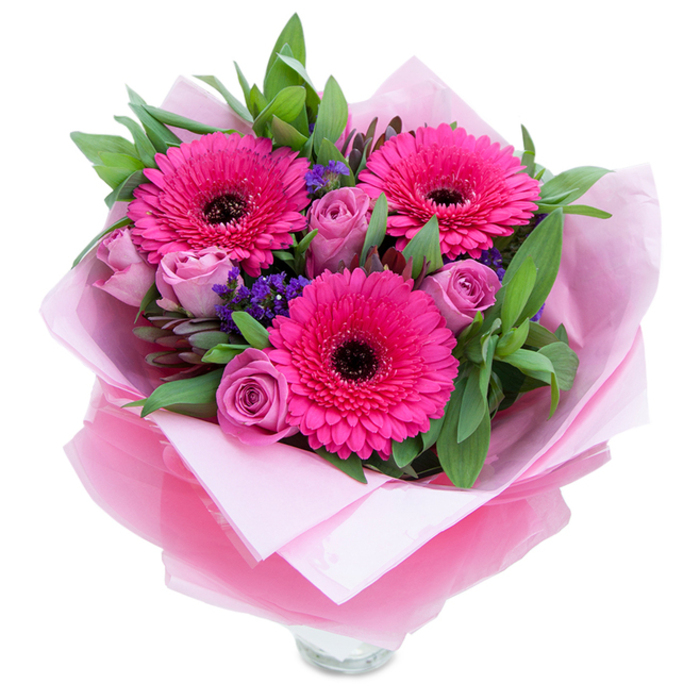 The charm of this arrangement is in its confident colour story: three fuchsia Gerbera daisies burst open with bold, hot-pink petals surrounding their deep, almost-black centres, while a cluster of lavender-pink roses offers softer, velvety curves as each bud gently unrolls. Between these principal blooms, sprigs of purple statice provide a powdery, cottage-garden texture and a cooling counterpoint to the dominant pinks. A generous underlayer of greenery-broad salal leaves and a few slim eucalyptus stems-gives the bouquet a verdant, freshly cut-from-the-garden feel, the leaves carrying a faint, green-woody scent. The bouquet is wrapped thoughtfully: an inner pale-pink matte tissue cushions the stems and an outer translucent fuchsia-pink cellophane adds a subtle sheen and structural shape, its delicate crinkles reflecting light in soft highlights. The lower portion reveals a clear glass vase rim, indicating the flowers are prepared for immediate display on a dining table or a bedside chest. In late-afternoon light the tones deepen, the fuchsia becomes almost jewel-like while the dusty roses remain gentle and soothing. This floral composition reads as both playful and graceful-perfect for marking anniversaries, birthdays, or as a spontaneous gesture to brighten someone's day. From a florist's perspective it's a balanced study of texture, hue, and scent, carefully arranged to feel both freshly gathered and elegantly presented.